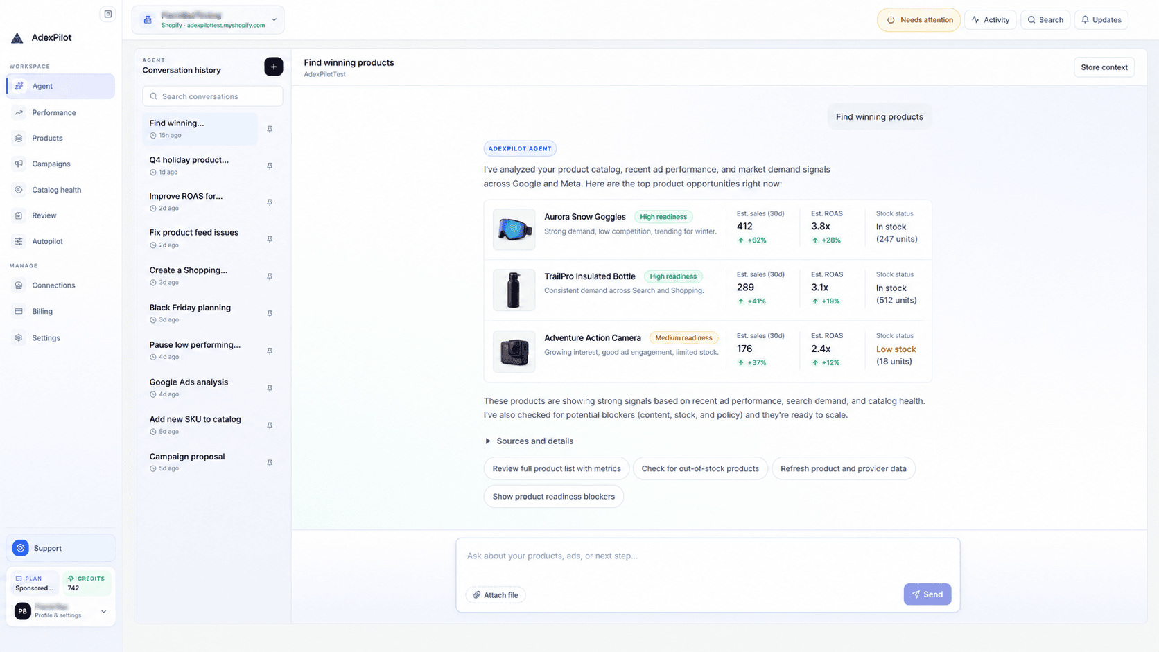 AdexPilot Agent conversation showing product opportunities and performance signals
