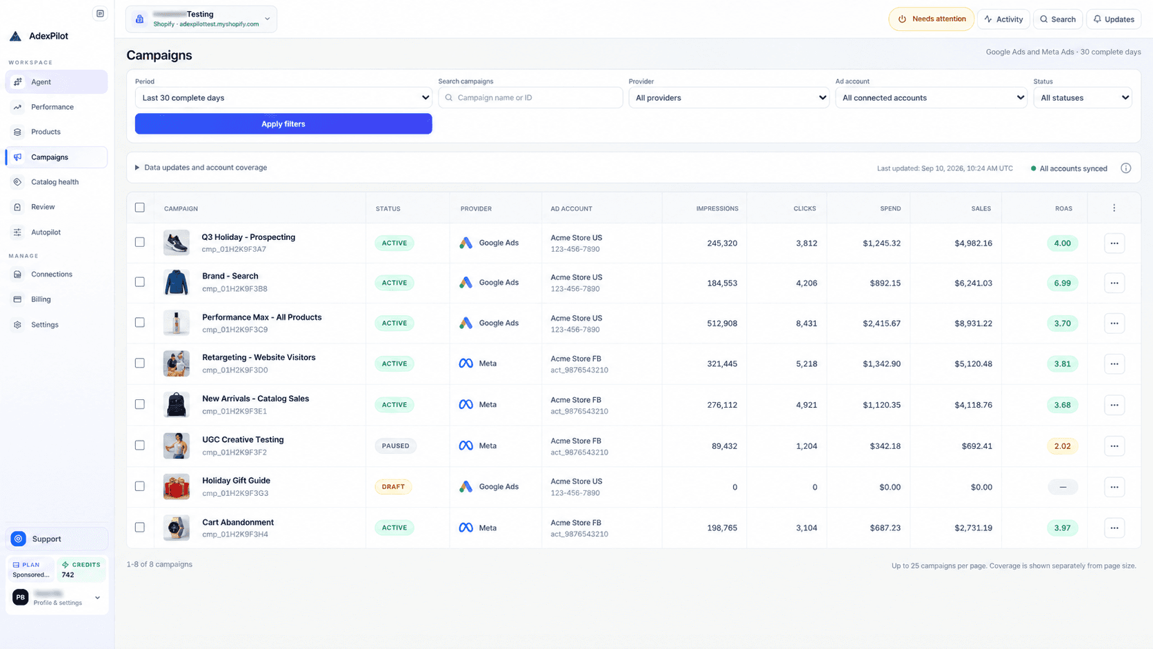AdexPilot Campaigns page showing campaign status, providers, spend, sales, and ROAS