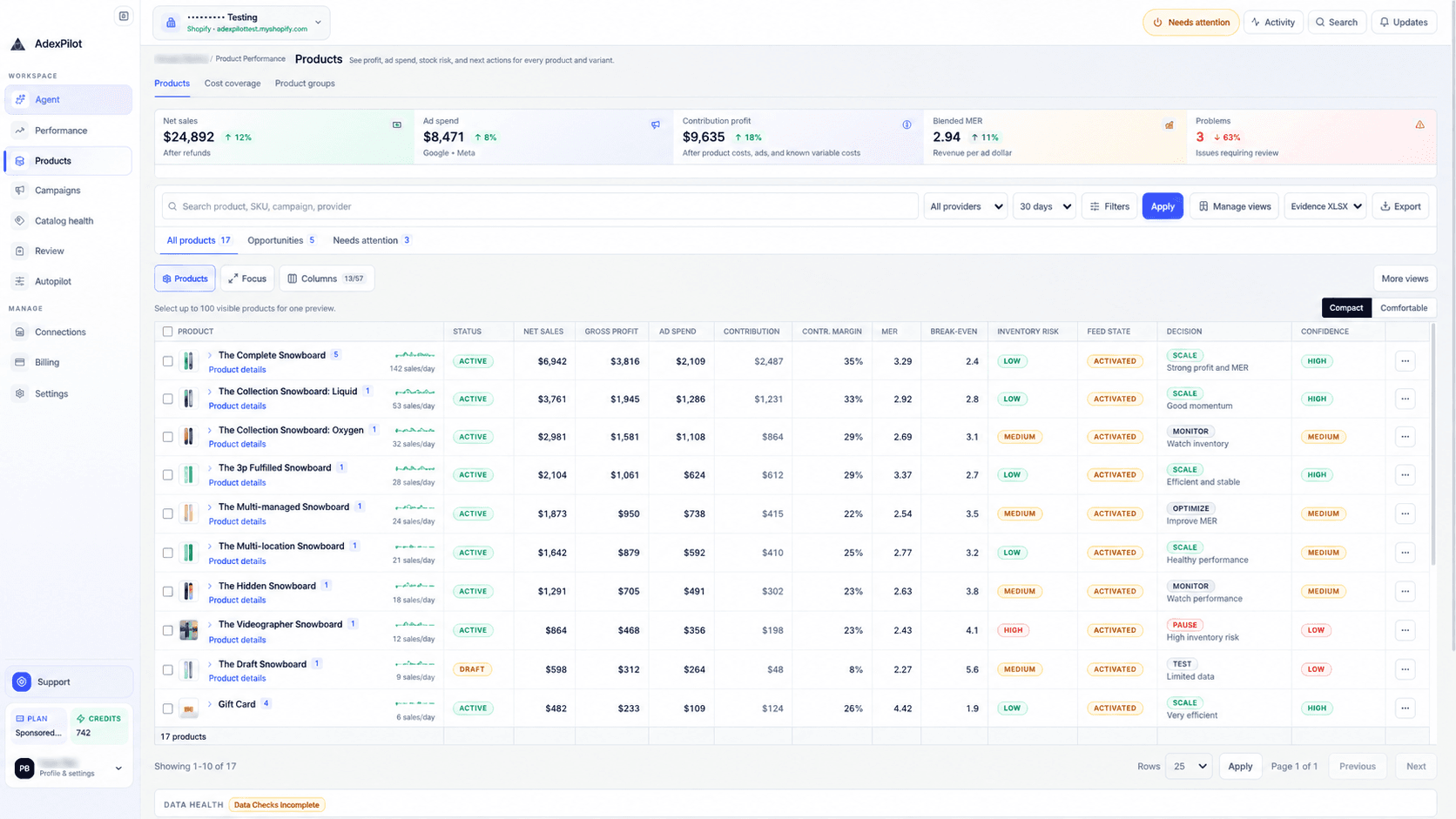 AdexPilot Products workbench showing product metrics, inventory risk, feed state, and decisions